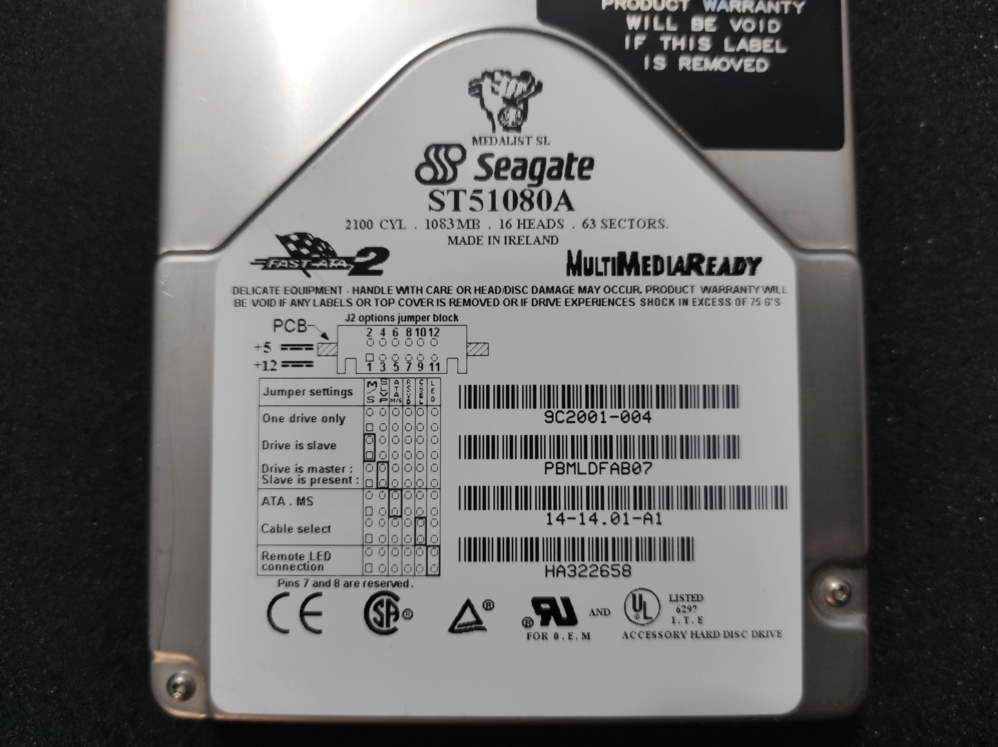 Seagate Medalist ST51080A 1083MB 256KB 5400RPM IDE 3.5" Retro Hard Drive HDD