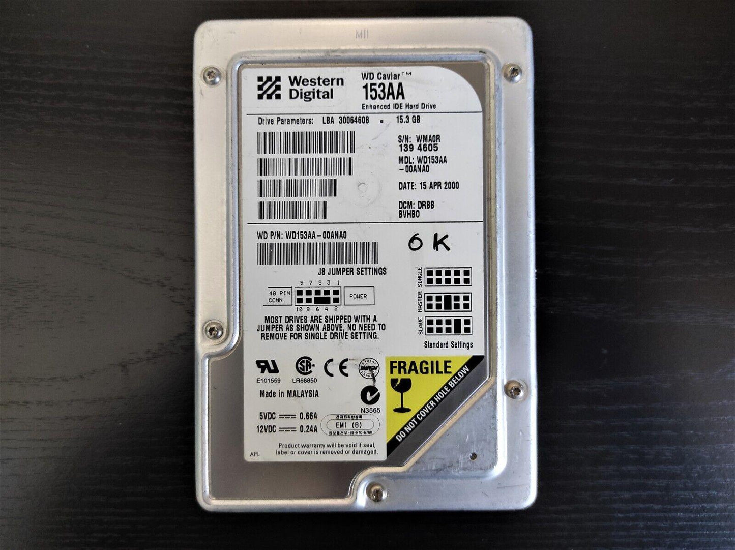 Western Digital Caviar 153AA 15.3GB 2MB 5400RPM IDE Hard Drive HDD WD153AA-00AN0 - Retro PC Hardware & More