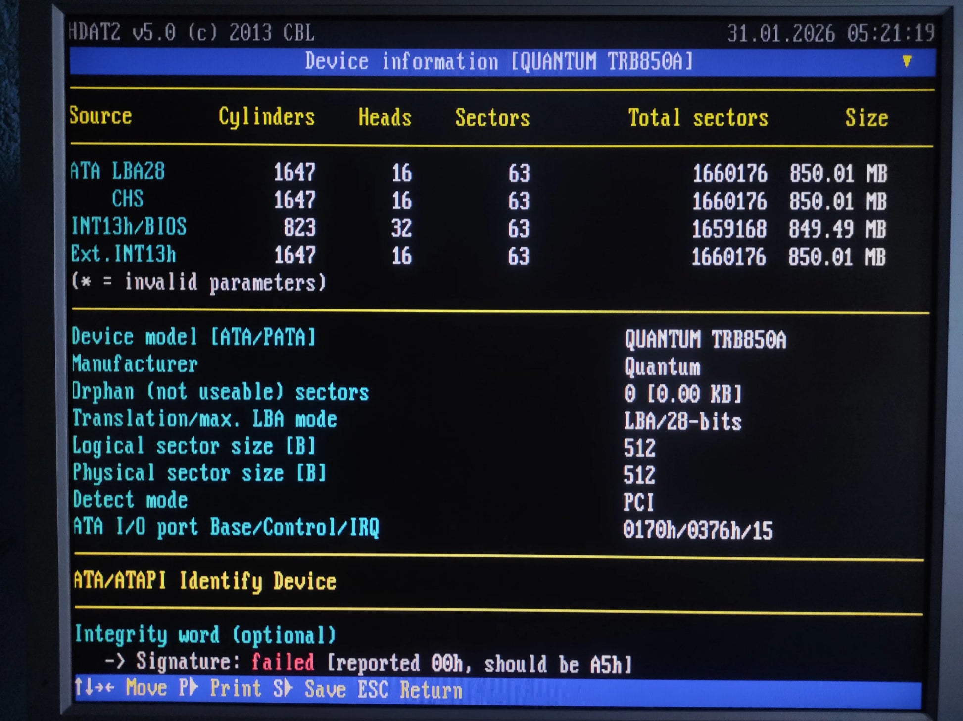 Quantum Trailblazer 840AT TR84A011 850MB 128KB 4500RPM IDE 3.5’’ Retro Hard Drive HDD