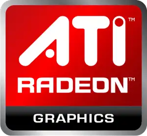 Red and black ati radeon graphics card logo with white lettering.